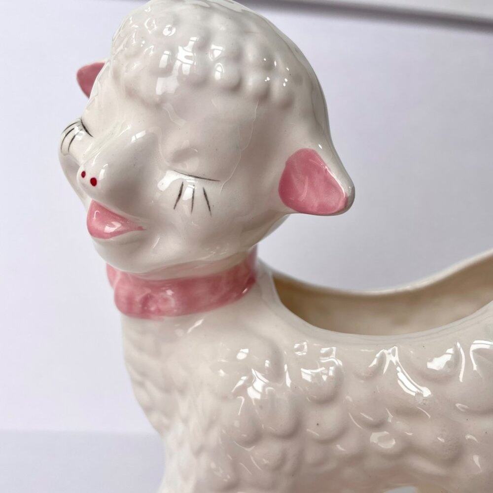 Vintage Japan Ceramic Lamb Planter Vase White Pink Nursery - Picture 5 of 15